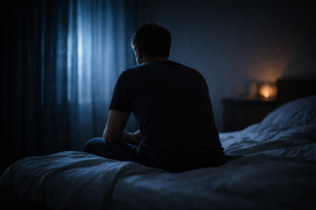 Persona seduta sul letto sveglia di notte, immagine sulla paura di morire e sull’angoscia notturna