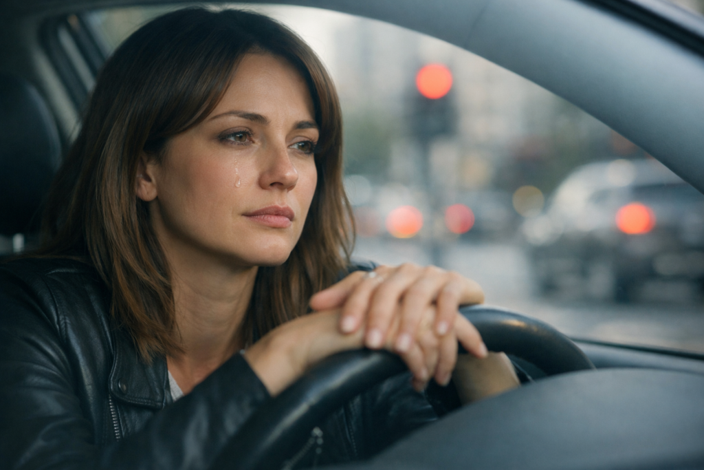 Piangere senza motivo in auto: donna con lacrima sul viso ferma al semaforo