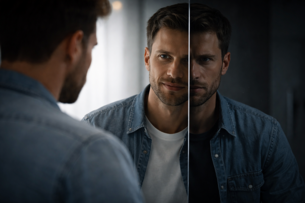 Uomo che osserva il proprio riflesso allo specchio con due espressioni diverse, simbolo della differenza tra narcisista manipolatore e manipolatore narcisista