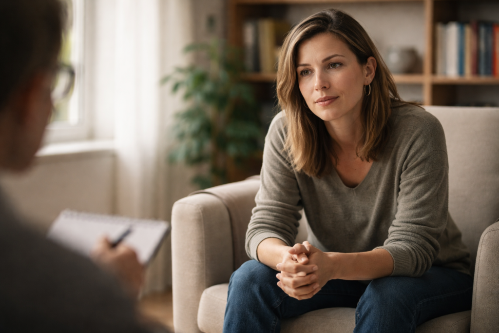 Piangere senza motivo: donna in psicoterapia psicodinamica mentre inizia a dare un nome a ciò che sente