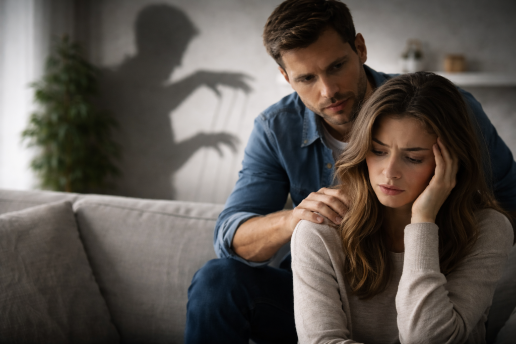 Uomo che esercita controllo emotivo su una donna confusa in una relazione di manipolazione narcisistica