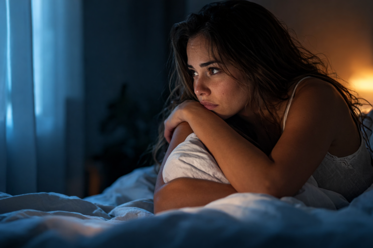 Donna seduta sul letto sveglia di notte, immagine sulla paura di morire e sull’angoscia notturna