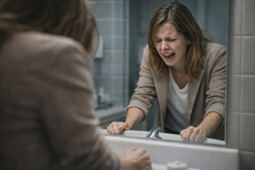 Piangere senza motivo: donna colta da una crisi di pianto improvvisa in bagno mentre cerca di reggere un momento emotivo inatteso