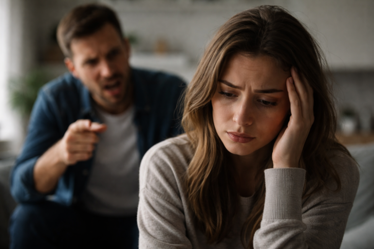Donna visibilmente provata mentre subisce manipolazione emotiva da un partner aggressivo in una relazione tossica