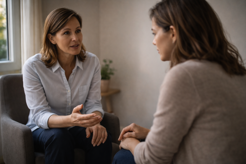 Consultazione clinica sulla paura di morire, con terapeuta e paziente seduti uno di fronte all’altra