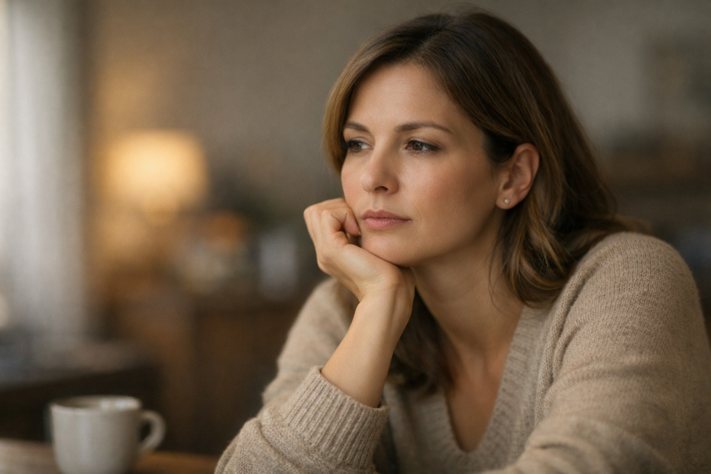 Piangere senza motivo: donna assorta e confusa in un interno domestico cerca di dare un nome a ciò che sente