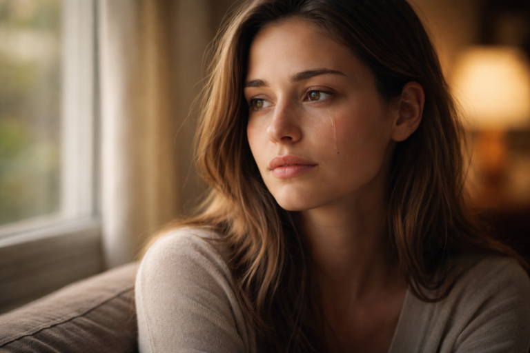 Donna con lacrima sul viso in un momento di piangere senza motivo