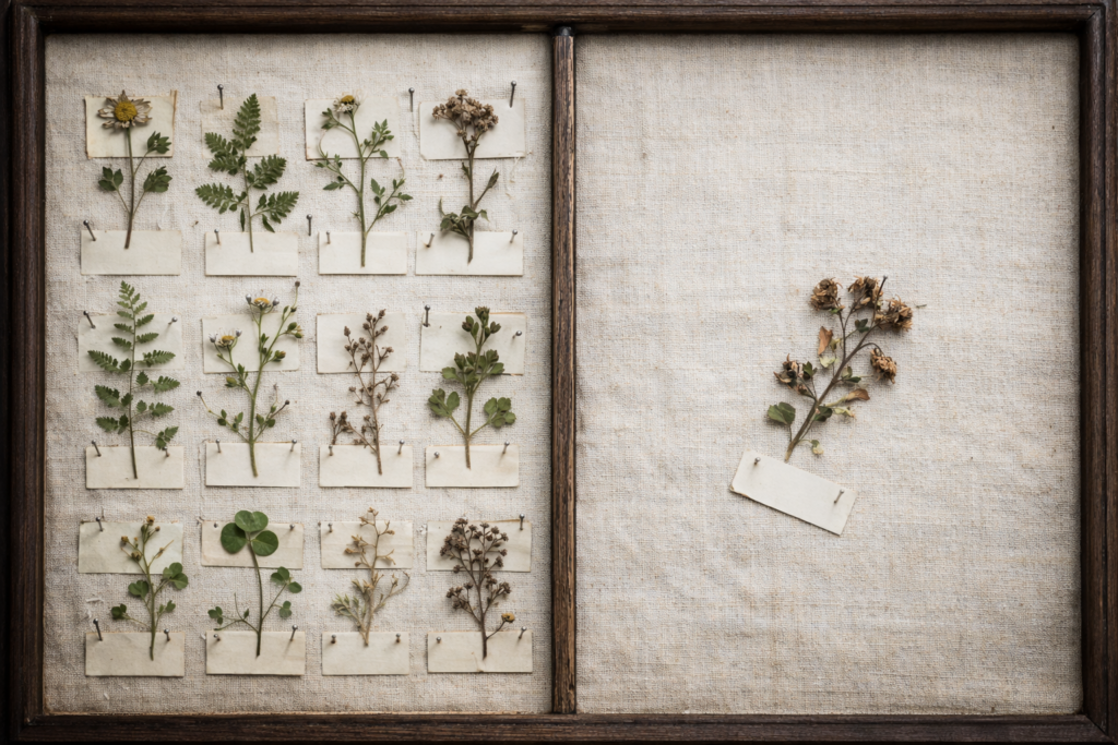 Vassoio di classificazione botanica con campioni ordinati e uno separato, metafora delle indicazioni e controindicazioni della psicoterapia psicodinamica in base alla valutazione clinica.