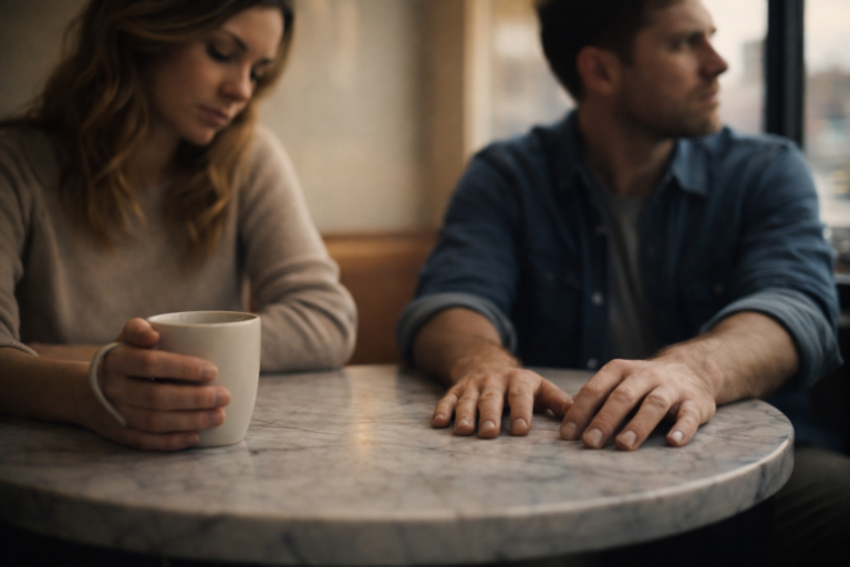 Coppia seduta a un tavolo di caffè, fisicamente vicina ma emotivamente distante, con spazio vuoto tra le mani a fuoco — saper amare non è da tutti