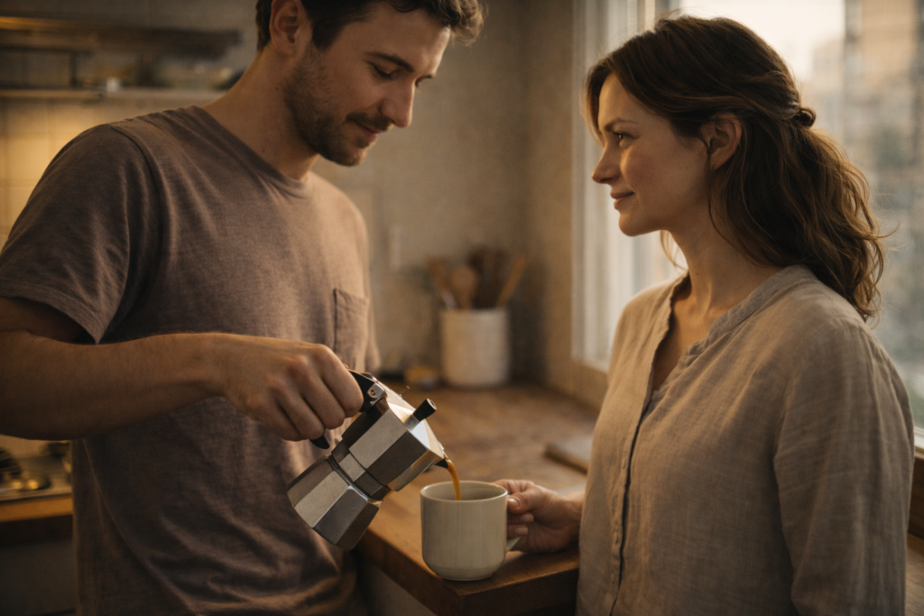 Uomo che versa il caffè alla partner in cucina, con espressioni tenere e presenza reciproca — esempio concreto di cosa significa amare una persona