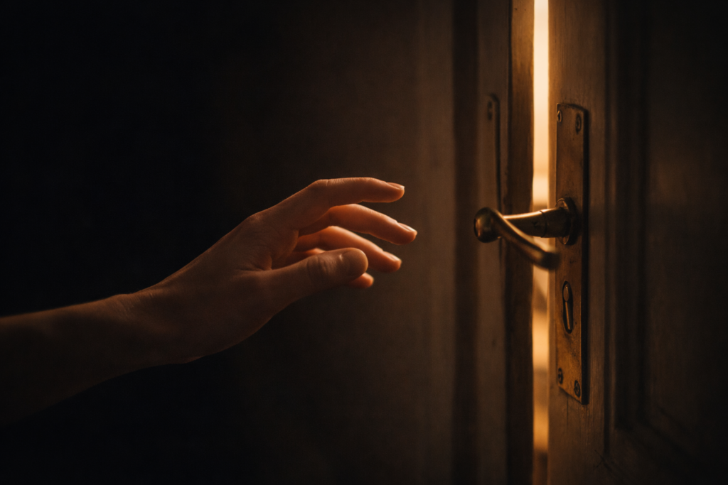 Mano sospesa davanti alla maniglia di una porta socchiusa con luce calda oltre — immagine che rappresenta quando non si riesce ad amare