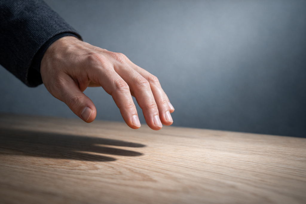 Mano sospesa sopra un tavolo in quercia nel momento prima del contatto, illuminata da luce naturale laterale — immagine simbolica della psicoterapia psicodinamica e dell’emergere della consapevolezza.