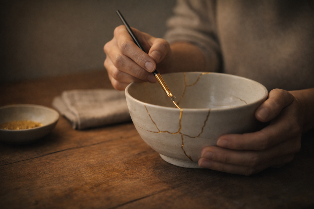 Mani che praticano il kintsugi riparando con oro una ciotola crepata — metafora visiva di cosa significa saper amare e perché non è da tutti