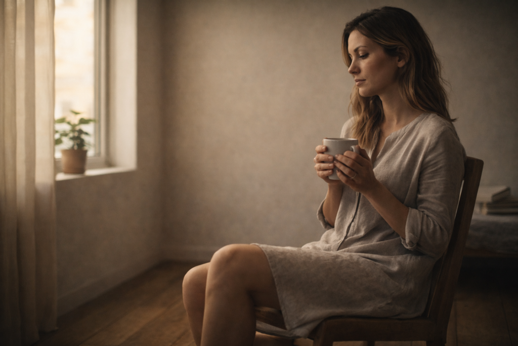 Donna seduta accanto a una finestra nella luce del mattino, sola ma serena — rappresentazione di amare se stessi prima di amare gli altri