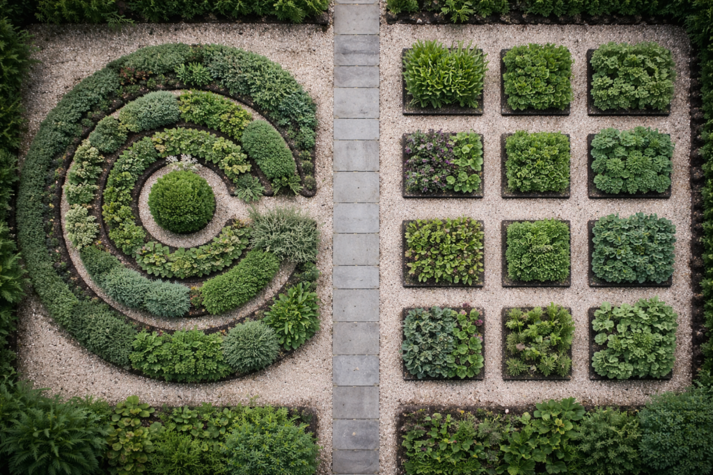 Psicoterapia psicodinamica e CBT rappresentate da due strutture di giardino viste dall’alto, una concentrica e una geometrica, metafora visiva di due approcci clinici con logiche di cambiamento diverse ma efficacia equivalente.