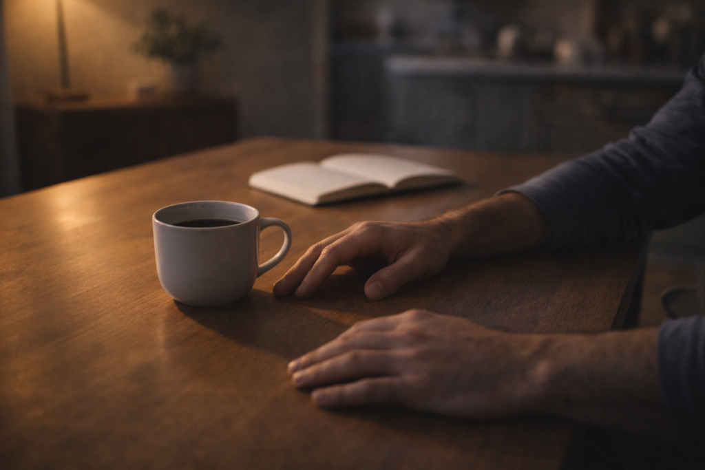 Mani di un uomo appoggiate su un tavolo al mattino con una tazza di caffè e un quaderno aperto, nel momento di sospensione dopo un sogno premonitore.