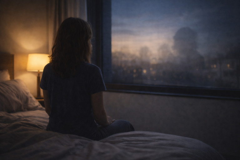 Donna seduta sul bordo del letto all’alba dopo un sogno premonitore, in uno stato contemplativo tra sogno e veglia