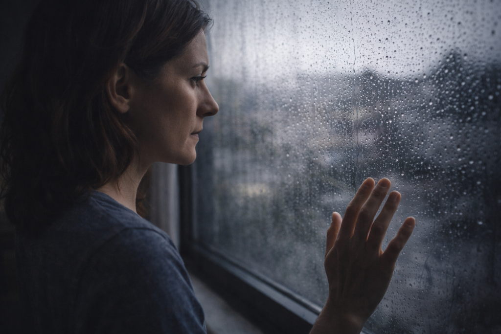 Donna che osserva attraverso una finestra coperta di pioggia, riflettendo sulla distinzione tra esperienza vissuta e interpretazione nei sogni premonitori