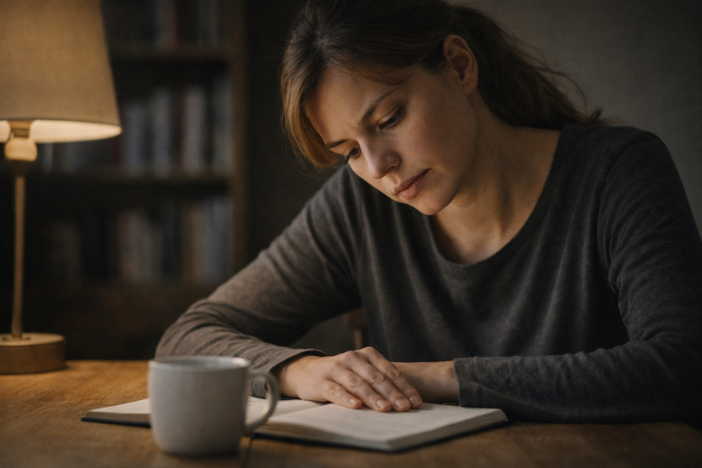 Donna seduta alla scrivania con libro aperto e espressione pensosa e triste, luce calda da tavolo e ambiente di studio sullo sfondo