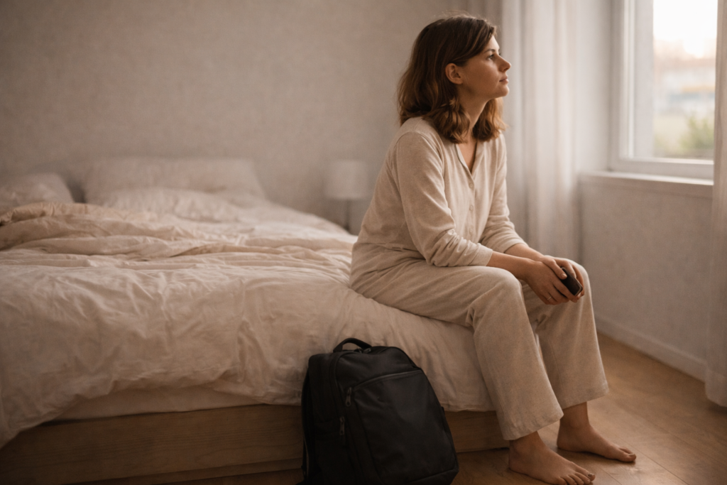Donna seduta sul bordo del letto al mattino con borsa pronta ai piedi e sguardo verso la finestra, immagine che rappresenta la procrastinazione cronica come pattern che si ripete nel tempo