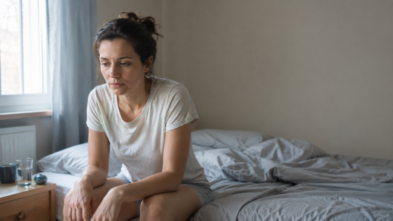 Donna seduta sul bordo del letto al mattino, con sguardo sospeso: l’abulia come blocco tra intenzione e azione.