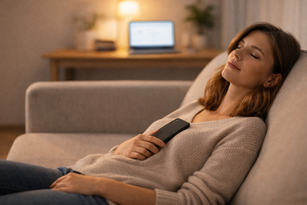 Donna distesa sul divano con smartphone in mano mentre sullo sfondo si vede un laptop aperto, immagine che rappresenta la procrastinazione come sollievo immediato dall’evitamento del compito