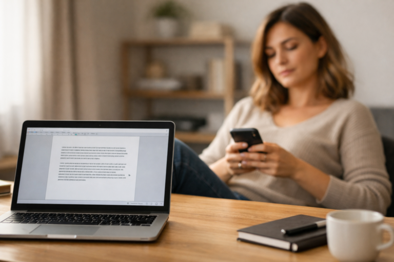 Donna seduta alla scrivania guarda lo smartphone mentre un laptop aperto con documento in attesa resta in primo piano, immagine che rappresenta la procrastinazione come evitamento del compito