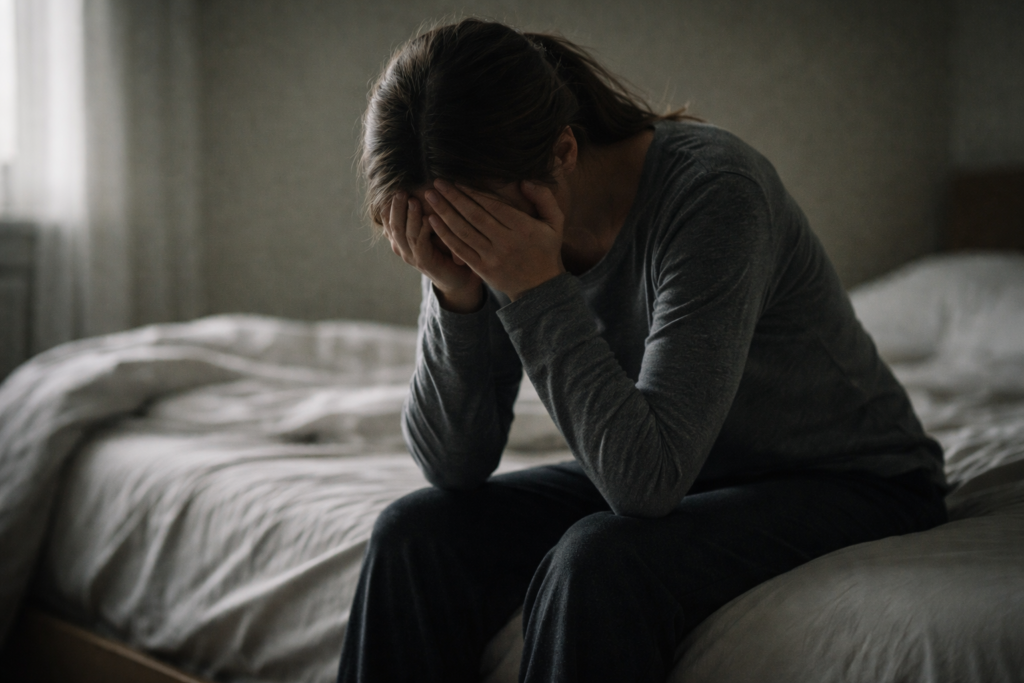 Persona seduta sul bordo del letto con il volto tra le mani, luce del mattino e postura che esprime tristezza silenziosa