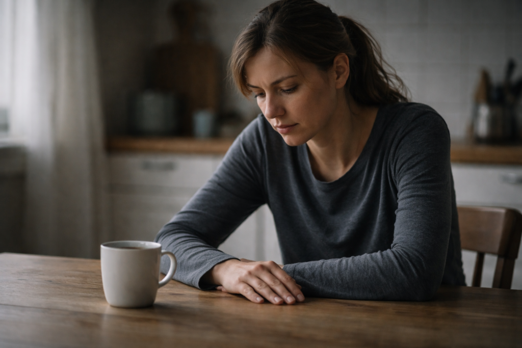 Donna seduta al tavolo della cucina con espressione triste, tazza di caffè davanti e luce del mattino su scena domestica