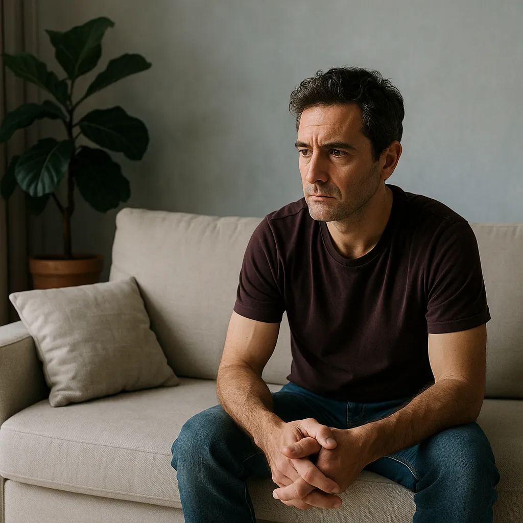 Uomo seduto pensieroso su un divano, simbolo delle oscillazioni emotive del bipolare in amore tra intensità affettiva e vulnerabilità