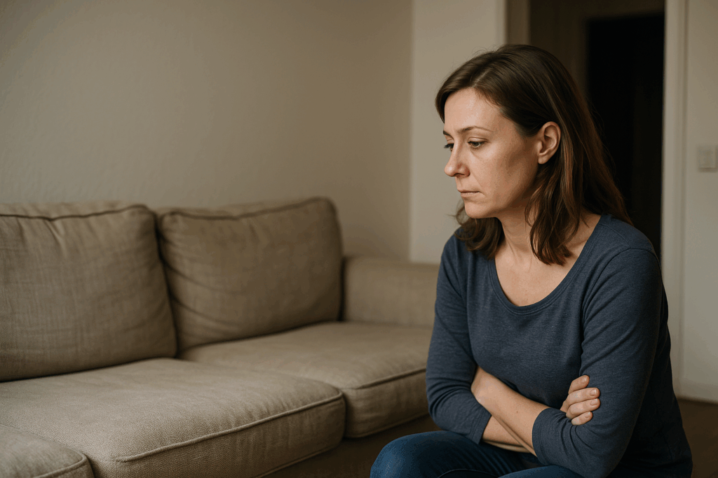 Donna seduta su un divano vuoto che guarda l’assenza del partner, simbolo della complessità del bipolare in amore tra presenza e silenzio.