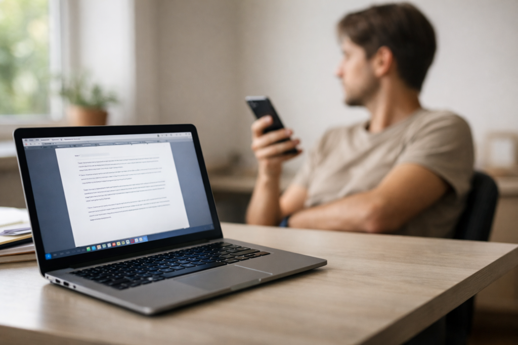 Persona seduta alla scrivania guarda lo smartphone mentre un laptop aperto con documento visibile resta in attesa, immagine che rappresenta la procrastinazione come evitamento del compito