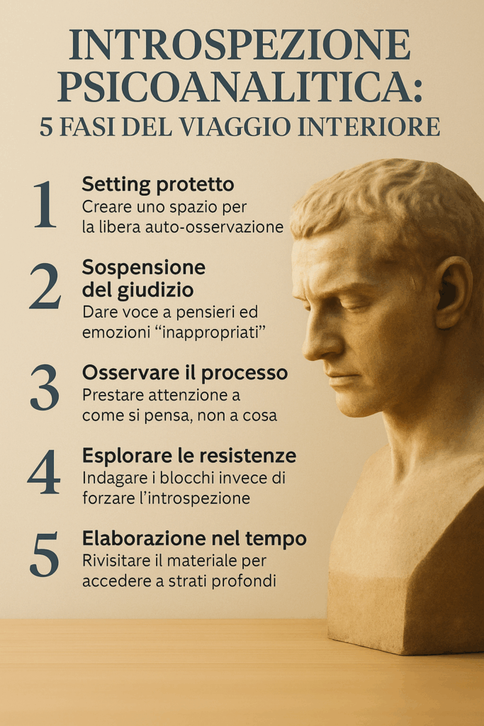 i 5 passaggi dell’introspezione psicoanalitica: setting protetto, sospensione del giudizio, osservazione del processo, esplorazione delle resistenze ed elaborazione nel tempo.