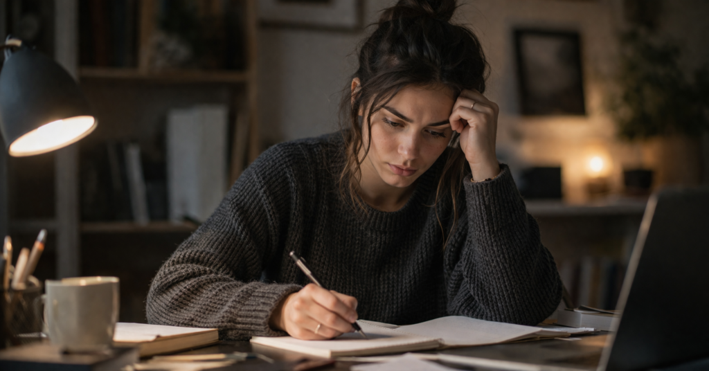 Persona seduta alla scrivania con penna in mano e sguardo dubbioso, immagine sui sensi di colpa causati da autocritica e standard interiori elevati