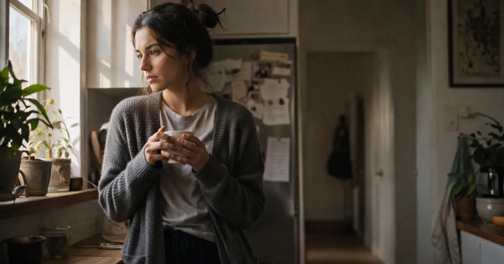 Persona in piedi in cucina con tazza tra le mani e sguardo assente, immagine sui sensi di colpa come stato abituale ricorrente