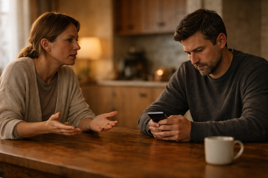 Partner anaffettivo al tavolo mentre la donna cerca connessione emotiva