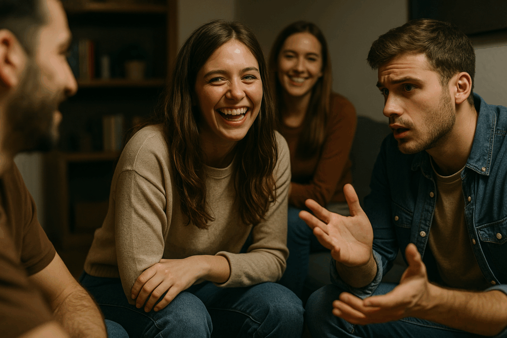 Quattro giovani adulti conversano durante una serata tra amici, una donna ride mentre si discute in tono scherzoso dell'espressione 'daddy issues'