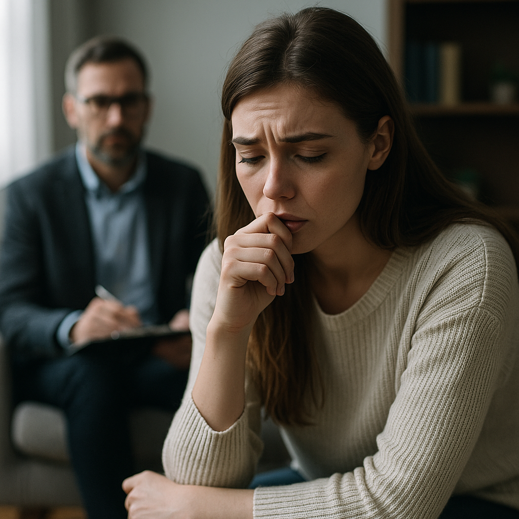 Giovane donna in terapia mostra segni di disagio emotivo legati ai daddy issues, mentre lo psicoterapeuta la ascolta con attenzione.
