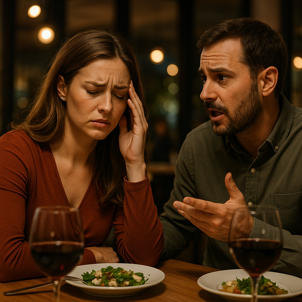 Donna con daddy issues reagisce emotivamente durante cena con partner, illustrando pattern relazionali da attaccamento insicuro