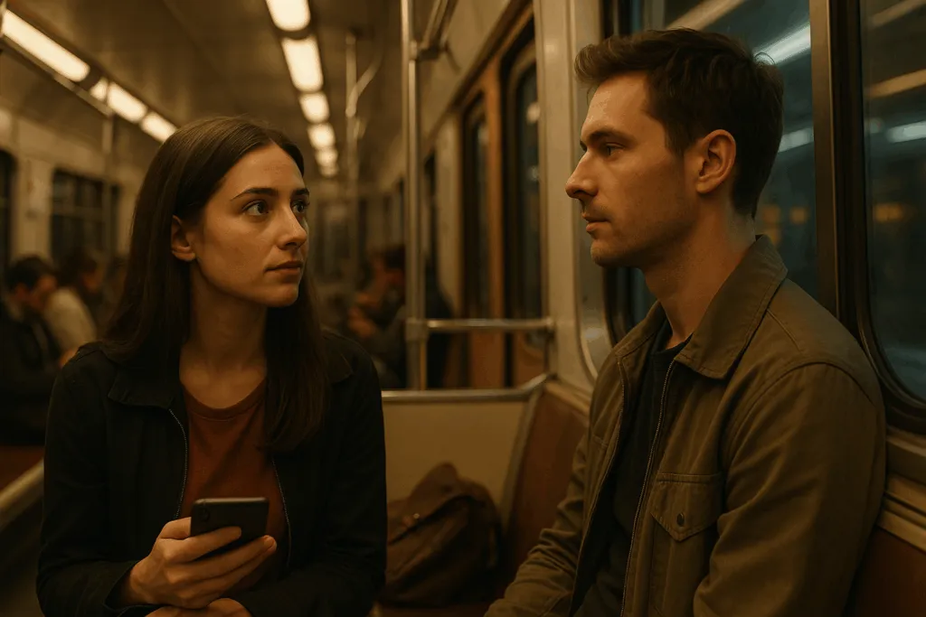 Due sconosciuti su un treno metropolitano si incrociano con lo sguardo, simbolo dell’attrazione fisica immediata e del possibile inizio di attrazione mentale.