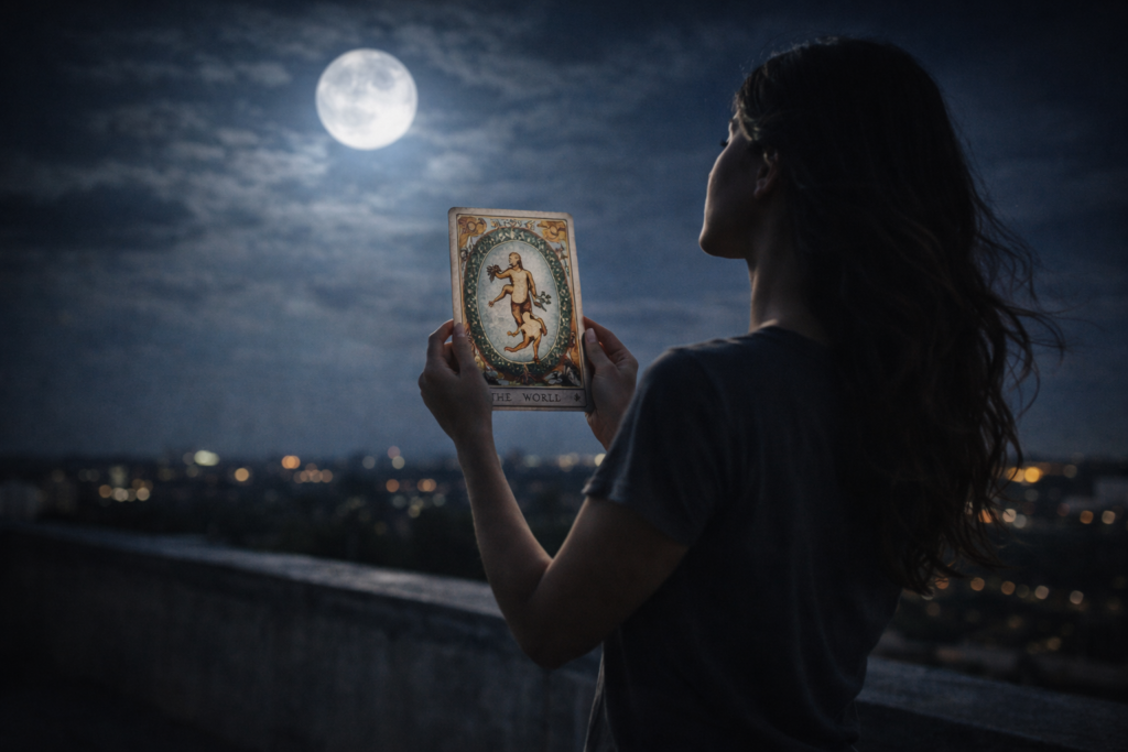 onna di tre quarti su una terrazza di notte che guarda la luna piena e tiene la carta dei tarocchi Il Mondo &mdash; immagine sugli archetipi di Jung, inconscio collettivo e individuazione.