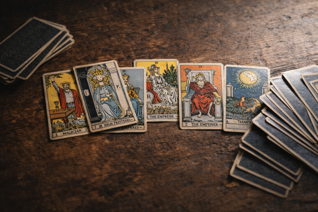 Mazzo di tarocchi parzialmente sventato su tavolo di legno: alcuni arcani maggiori visibili al centro e altre carte che scivolano fuori dall’inquadratura, metafora del numero aperto degli archetipi junghiani e del mito della lista fissa.