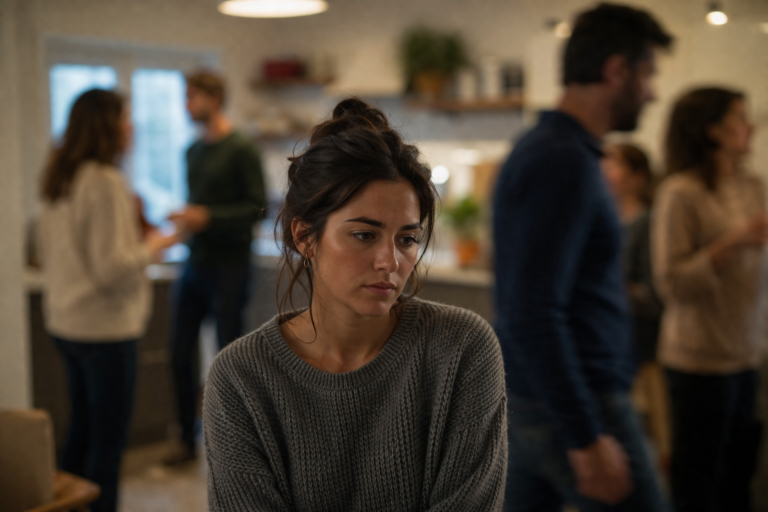 Mi sento sola: donna in mezzo ad altre persone, isolata emotivamente e non raggiunta nel legame