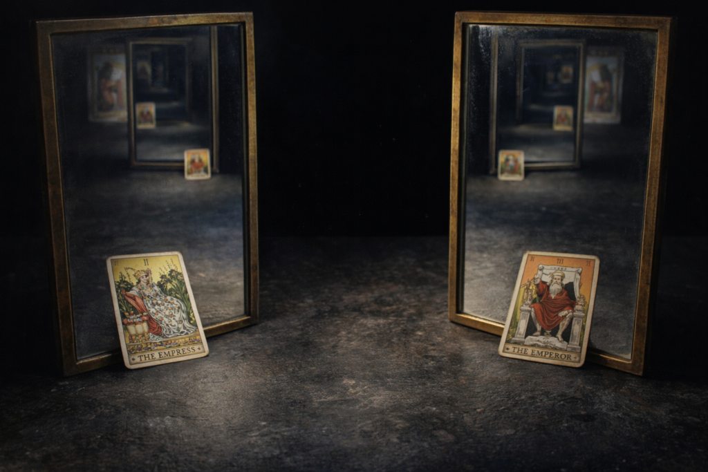 Due specchi antichi in ottone ossidato si affrontano su ardesia con le carte dei tarocchi dell’Imperatrice e dell’Imperatore ai piedi: archetipi junghiani Anima e Animus come polarità psichica reciproca.