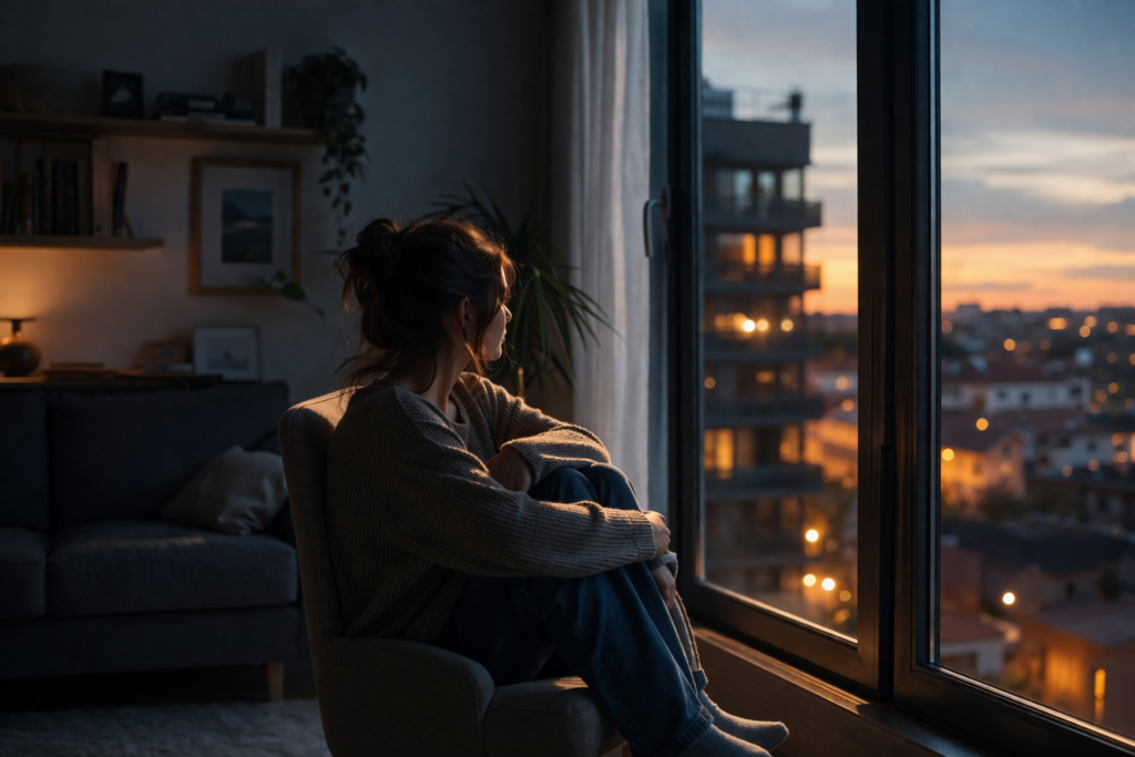 Mi sento sola: donna seduta vicino a una finestra al tramonto, sola in una stanza abitata, con vuoto relazionale e distanza emotiva