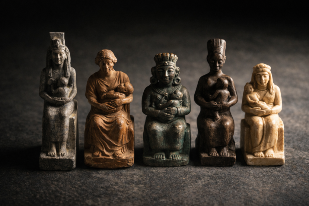 Cinque statuette antiche della Madre con bambino, da culture diverse, affiancate su pietra scura — immagine degli archetipi junghiani come pattern universali.