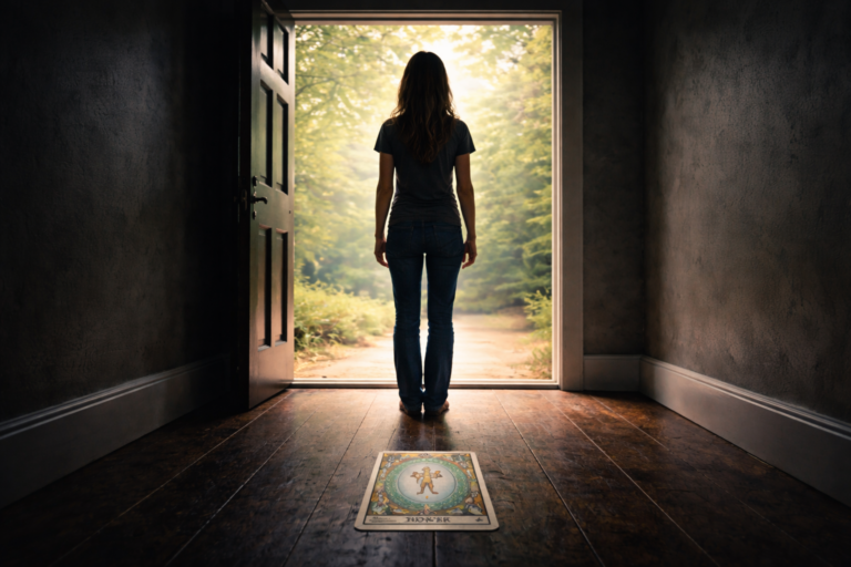 Donna di spalle sulla soglia tra interno in penombra e luce esterna, con carta dei tarocchi “Il Mondo” a terra: archetipi di Jung, inconscio collettivo e individuazione.