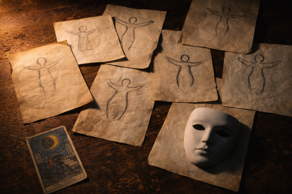 Fogli ingialliti sparsi su tavolo di legno con disegni spontanei della stessa figura femminile in grafie diverse; nell’angolo una carta dei tarocchi “La Luna” capovolta: immagine dell’inconscio collettivo come matrice degli archetipi in Jung.