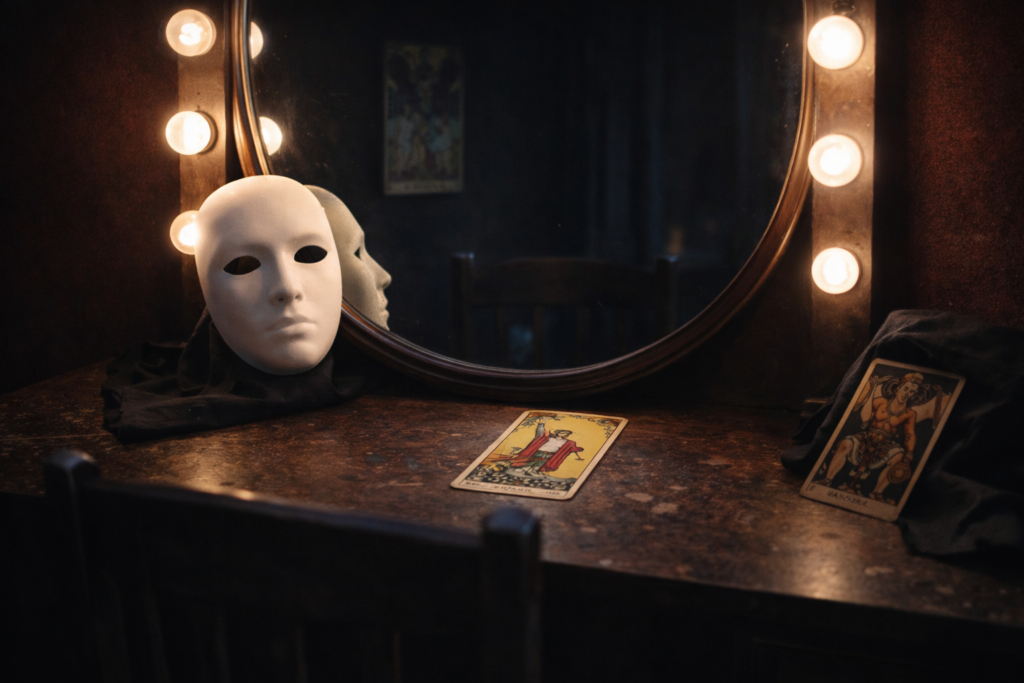 Camerino teatrale vuoto con maschera bianca allo specchio e tarocchi (Il Mago, Il Diavolo, Gli Amanti) tra luce e ombra — archetipi junghiani Persona, Ombra, Anima/Animus e Sé.