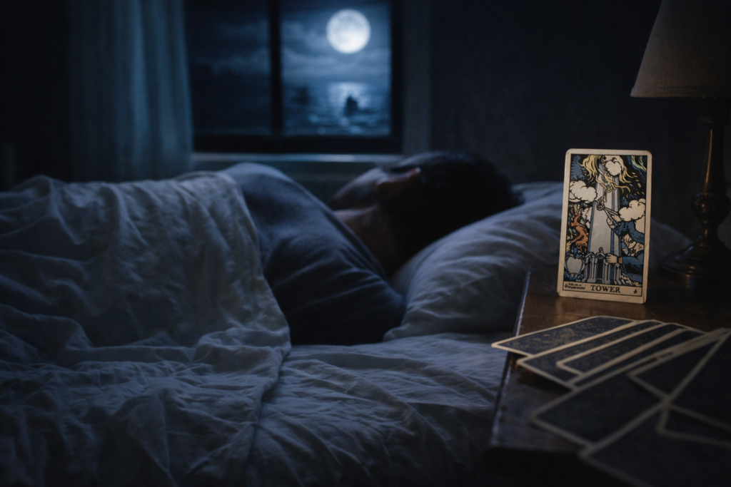 Persona addormentata illuminata dalla luna con la carta dei tarocchi della Torre sul comodino: attivazione non volontaria e manifestazione onirica degli archetipi nella psicologia analitica di Jung.